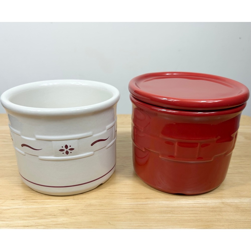 Longaberger Pottery Woven‎ Traditions One Pint Crock SET/2 Red White Cottagecore